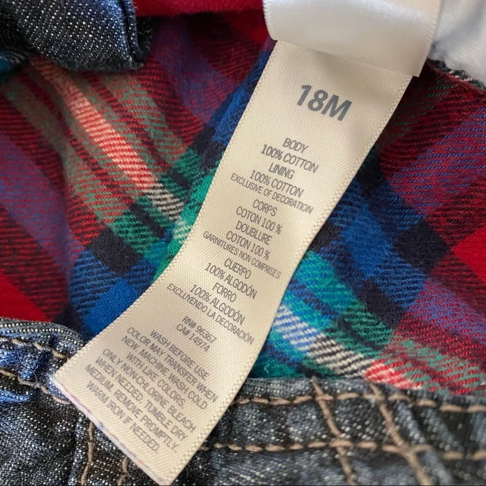 Oshkosh B’Gosh blue denim overalls flannel lined‎ plaid 18 months